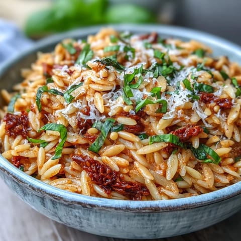 Hearty sun-dried tomato pesto orzo with toasted pine nuts and fresh basil.