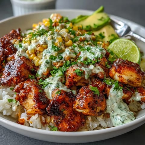 Vibrant Street Corn Chicken Rice Bowls bursting with creamy sauce and fresh toppings.