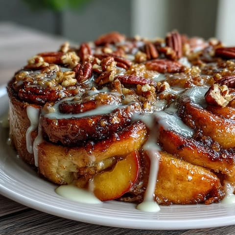 Warm Peach Cobbler Cinnamon Roll Casserole with gooey peaches and sweet icing.
