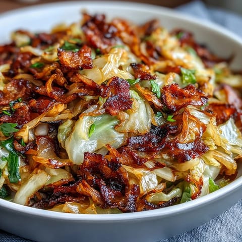 Golden fried cabbage with bacon and onions, savory Southern comfort food.