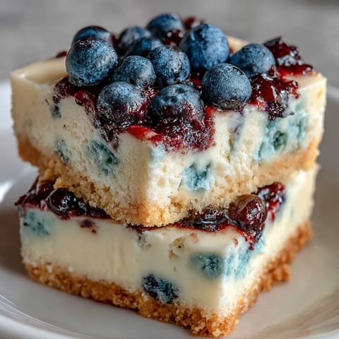 No-Bake Lemon Blueberry Cheesecake Bars: creamy, zesty, with vibrant blueberry swirls.