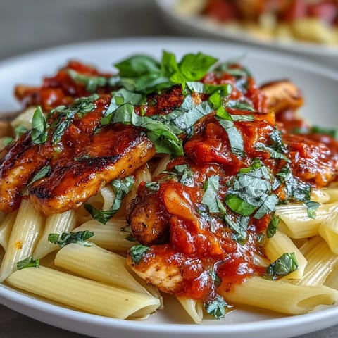 Creamy tomato basil chicken pasta, rich sauce coating tender chicken and pasta.