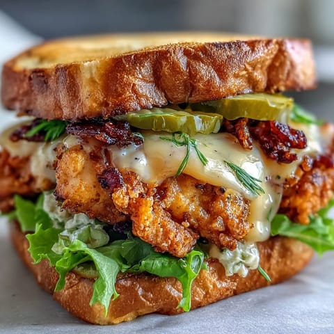 Juicy smash chicken sandwich glistening with tangy sauce and crunchy pickle chips on a bun.
