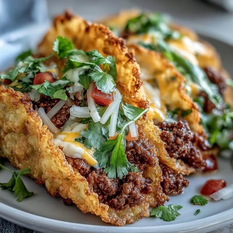 Crispy Rice Burger Tacos: golden shells cradling juicy burger filling and fresh toppings.