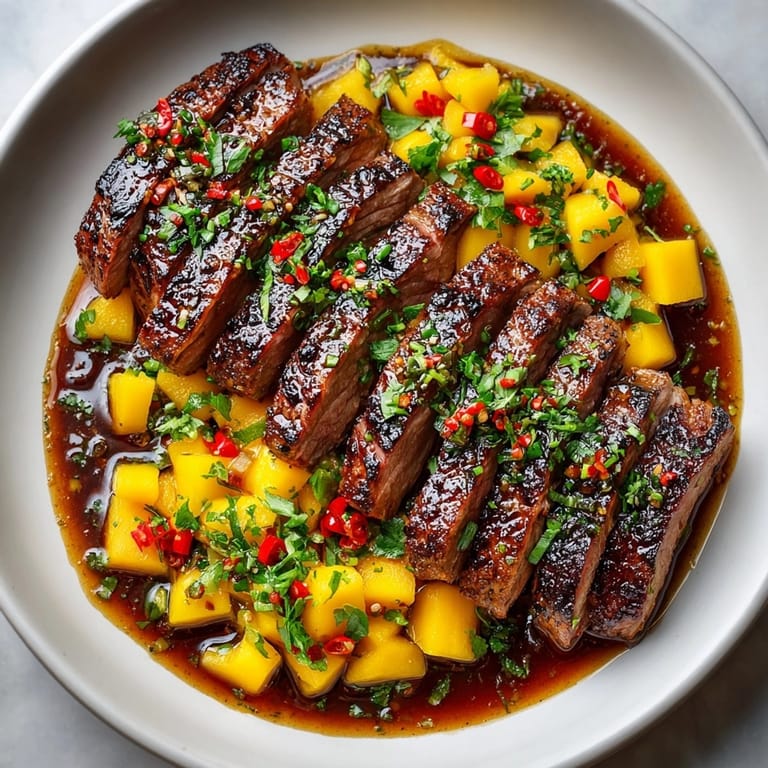 A close-up of steak showing off its smoky, caramelized crust from the Chili Mango Bourbon marinade.