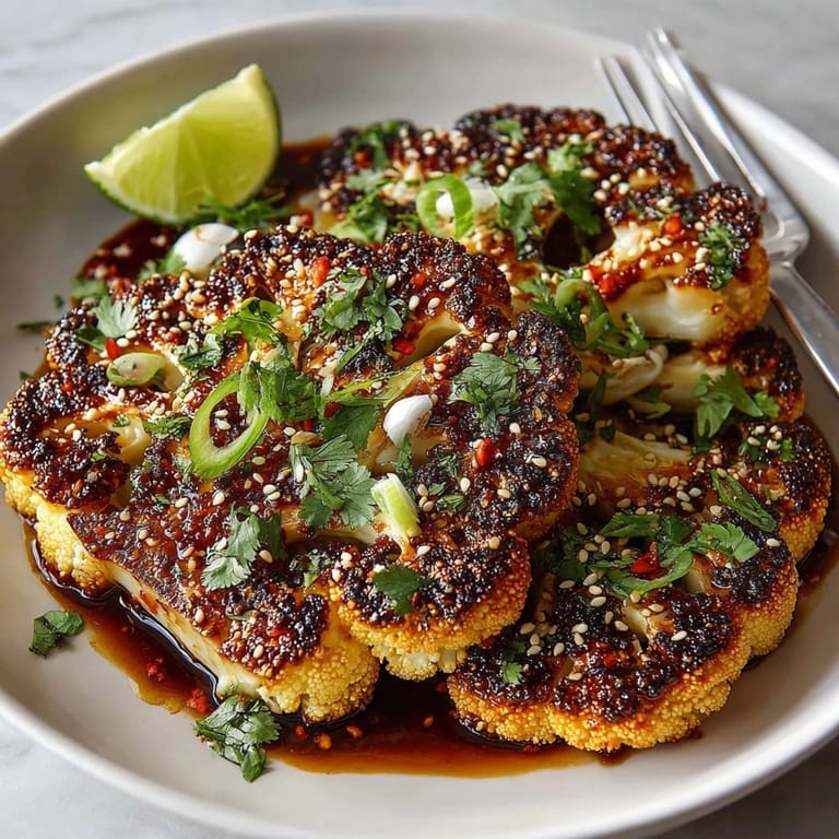 Golden-brown Gochujang-Marinated Cauliflower Steaks, tender inside with a sweet and spicy Korean flavor.