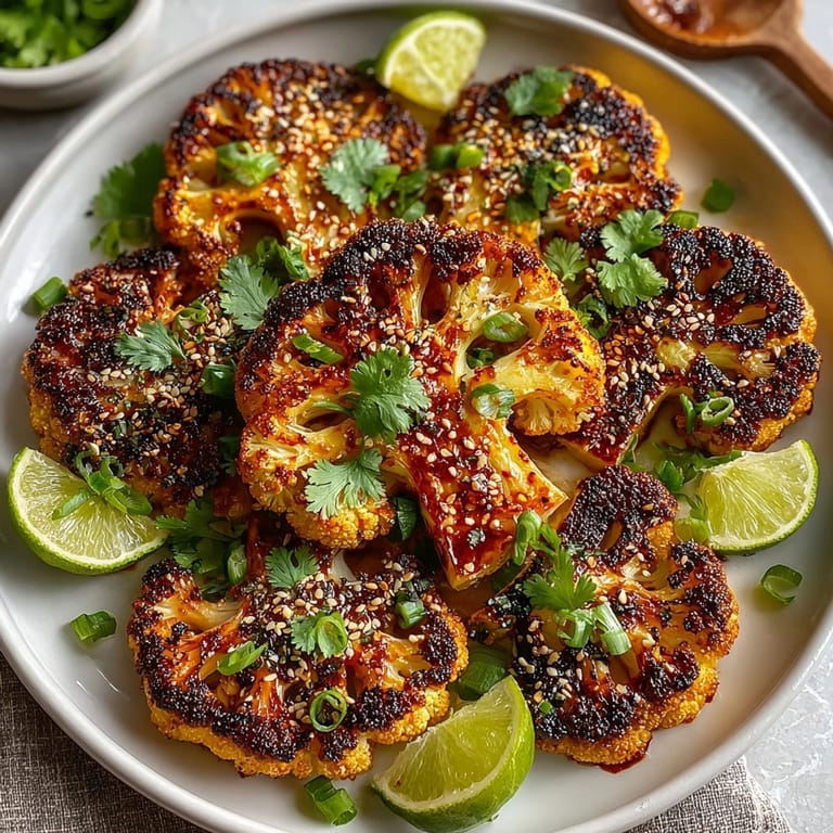 A vibrant plate of Gochujang-Marinated Cauliflower Steaks, perfectly roasted, garnished, and ready to enjoy.