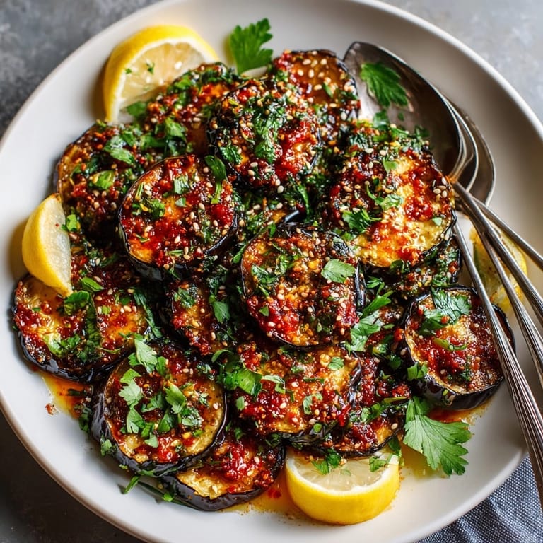 Tender, caramelized harissa brushed eggplant slices ready to be served with fresh herbs and sesame seeds.