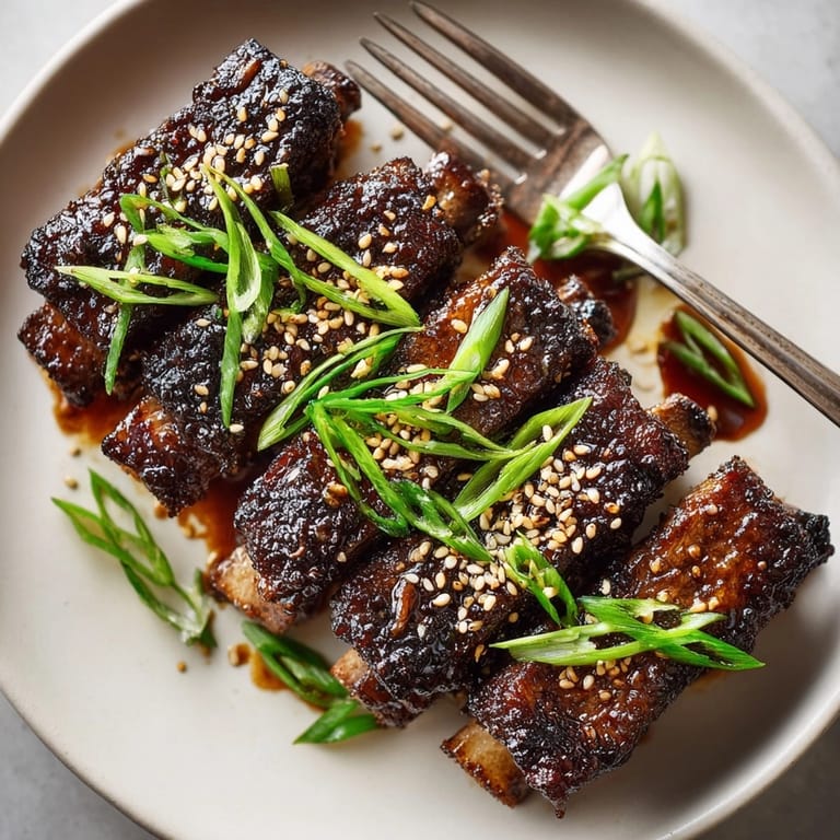 Close-up of delicious Korean bulgogi short ribs, showing tender meat and glistening marinade.