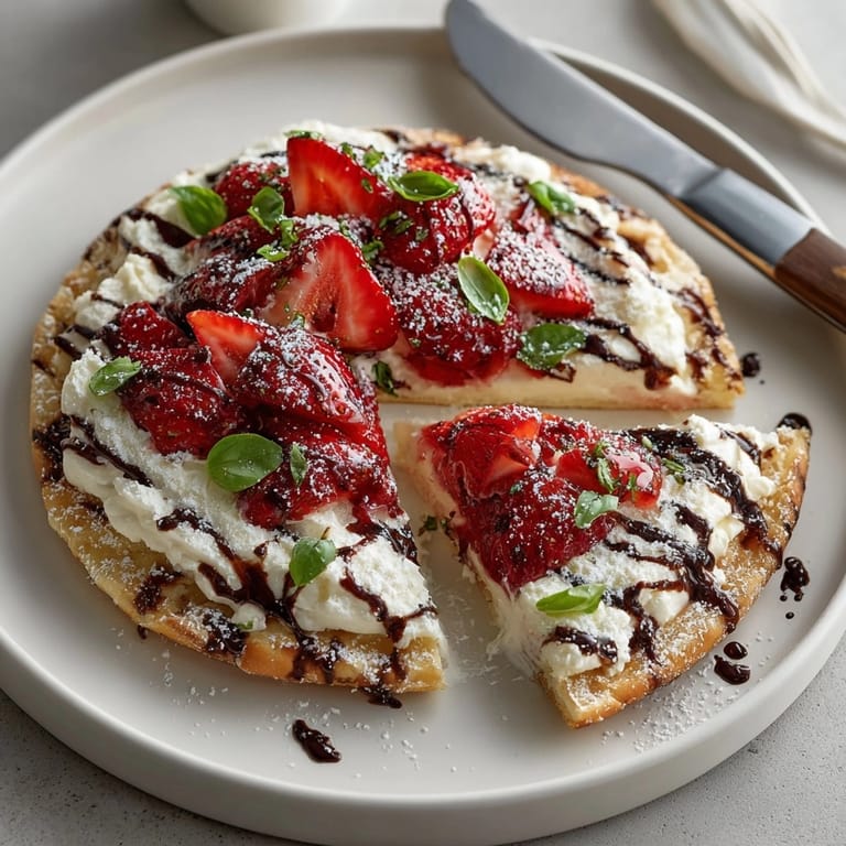 A close-up showing a beautiful Balsamic Strawberry Grilled Dessert Pizza with creamy mascarpone and fresh basil.