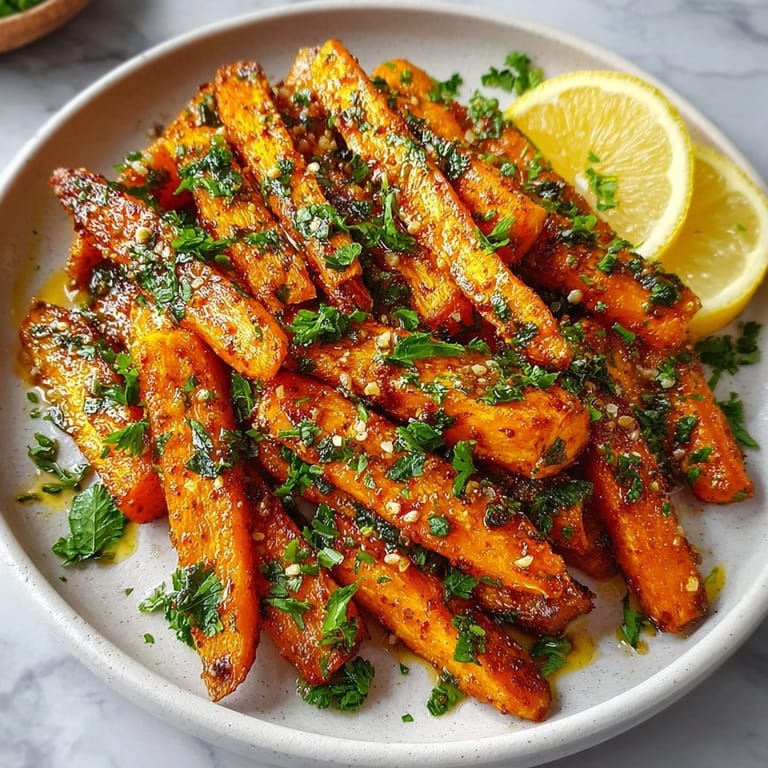 A serving of colorful Moroccan Barbecue Carrot Fries, garnished with cilantro, ready to be dipped and enjoyed.