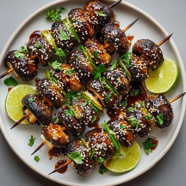 Vibrant Hoisin BBQ Mushroom and Scallion Bites, grilled to perfection, boast an Asian-inspired flavor with a touch of sweetness.
