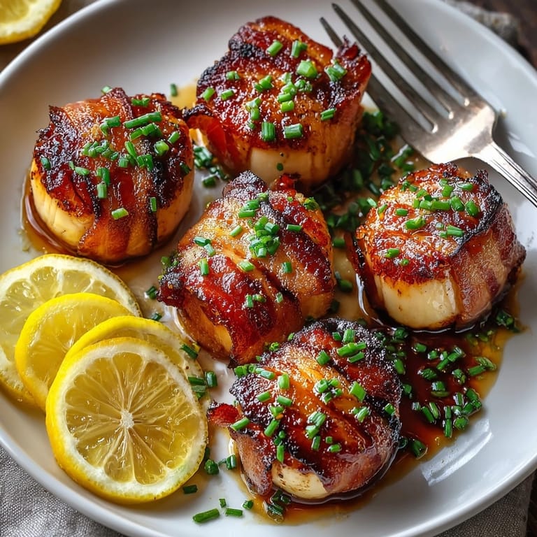 Golden-brown Bacon Wrapped Scallops, glazed and ready to eat; a gourmet, gluten-free treat.