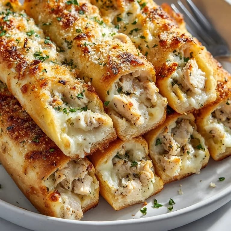 A close-up of cheesy, warm Chicken Alfredo Breadsticks, perfect for Italian-American comfort food.