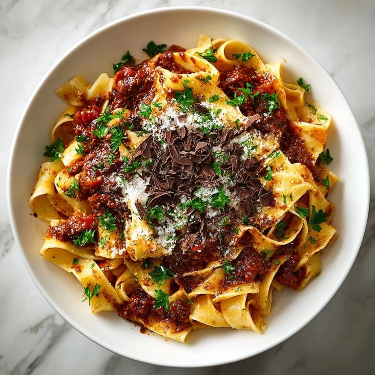 Rich and flavorful Chocolate Chili Pasta, ready to eat, with a dusting of dark chocolate.