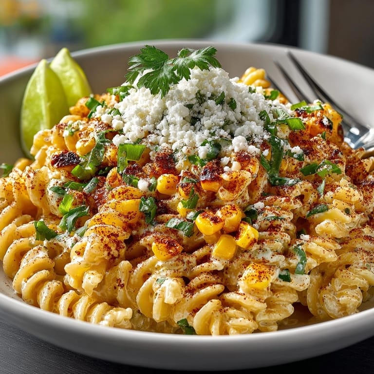Vivid photo of Mexican Street Corn Pasta with cotija cheese "snow", ready to serve.