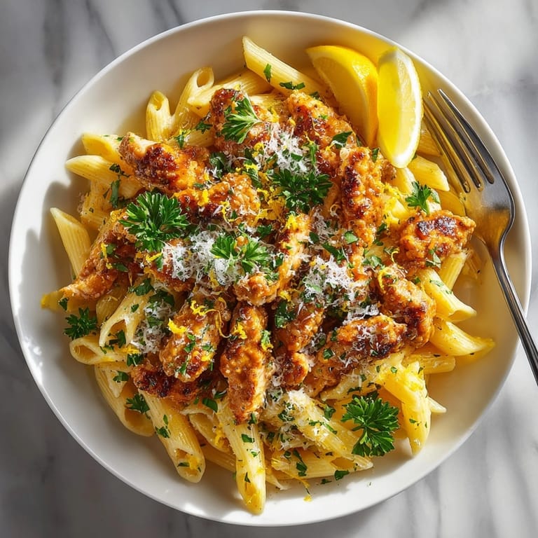 Vibrant image of jam-glazed chicken pasta with fresh herbs, ready to be enjoyed now.