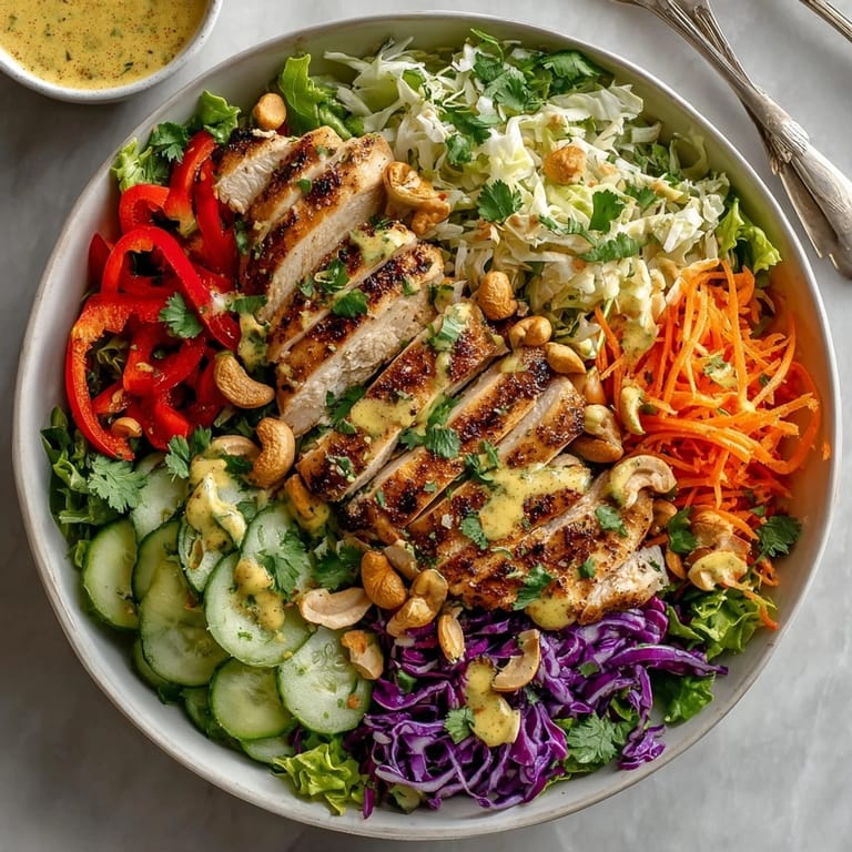 Freshly prepared Thai Curry Chicken Salad in a large bowl, perfect for a light, flavorful meal