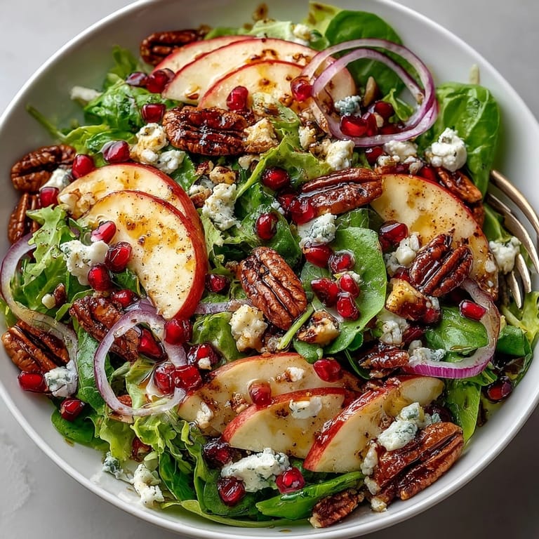 Freshly made Pomegranate Pecan Salad layered with mixed greens, juicy fruit, and savory cheese, perfect for summer picnics.