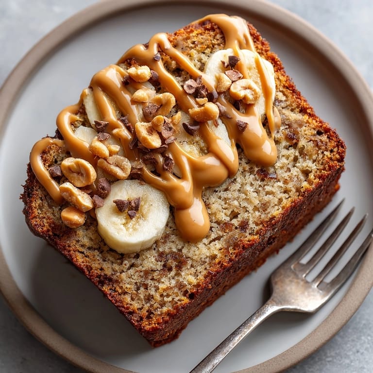 Close-up of sliced peanut butter banana bread showing its tender, nutty crumb texture