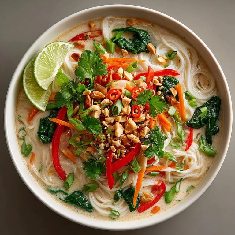 Rich Thai Peanut Noodle Soup featuring silky noodles and vibrant vegetables in coconut-peanut broth.