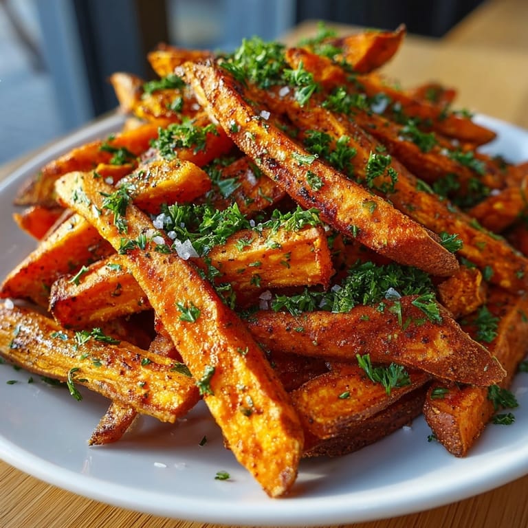 Crispy Cajun spiced sweet potato fries with parsley garnish served as a flavorful side dish.