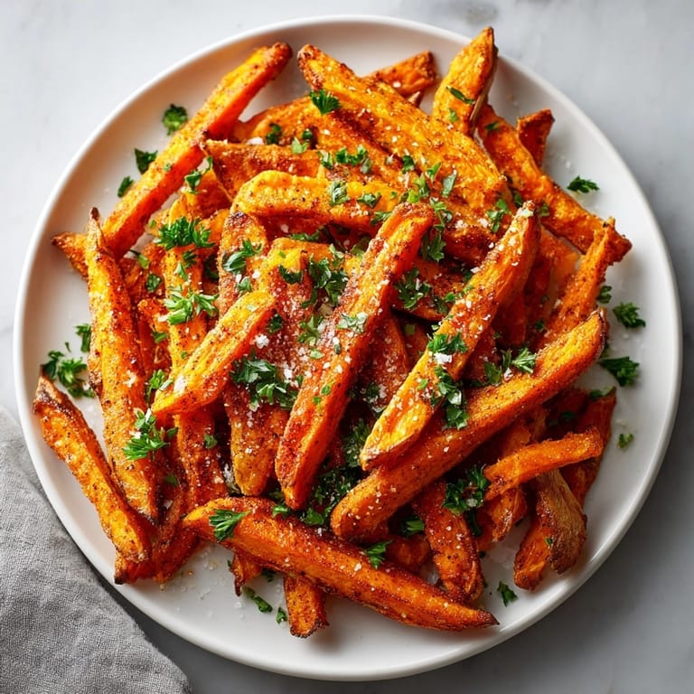 Oven-baked Cajun spiced sweet potato fries steaming hot, perfect for a spicy vegan snack.