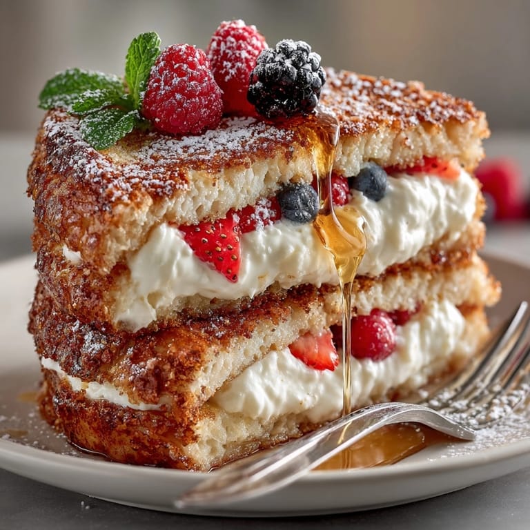 Thick slices of brioche create decadent ricotta stuffed French toast, drizzled in maple syrup for brunch.