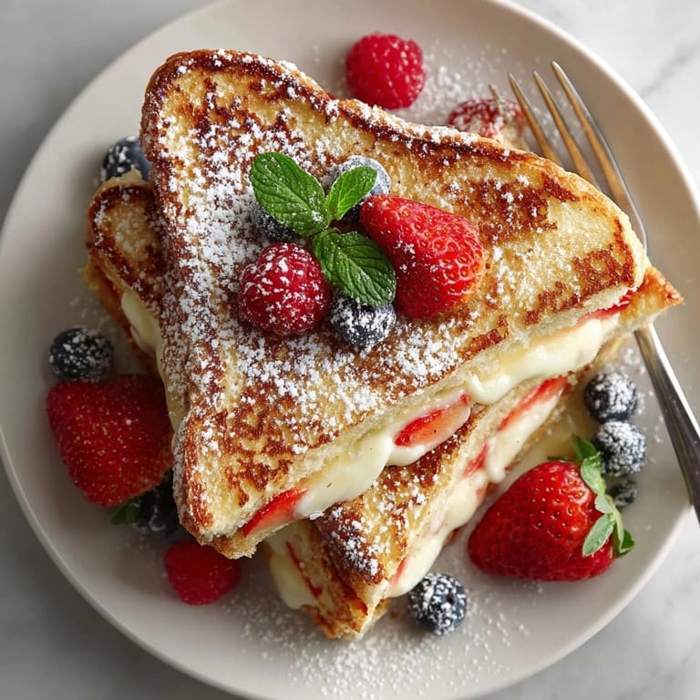 Close-up of ricotta stuffed French toast showcasing sweet filling and dusted with powdered sugar.