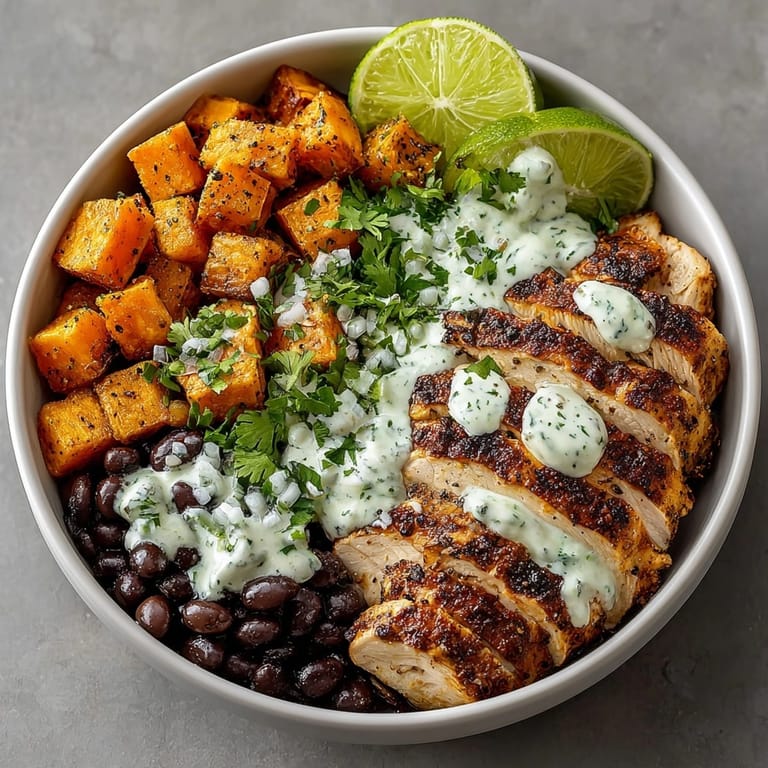 Hearty Chipotle Chicken Bowl featuring zesty cilantro lime sauce over black beans and tender roasted sweet potatoes.