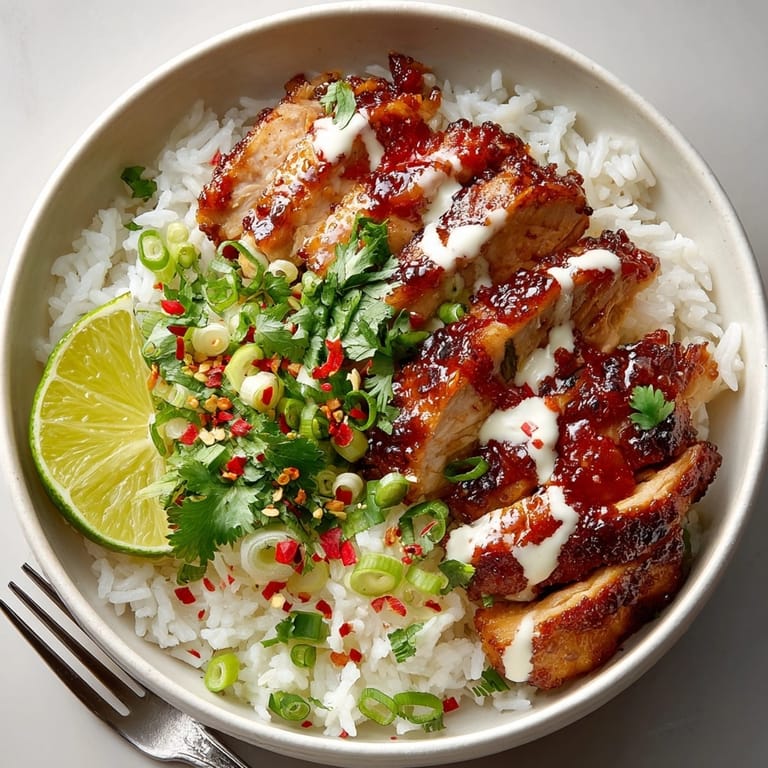Vibrant Sweet Chili Chicken Bowl features juicy glazed chicken, zesty coconut lime sauce, and fluffy rice.