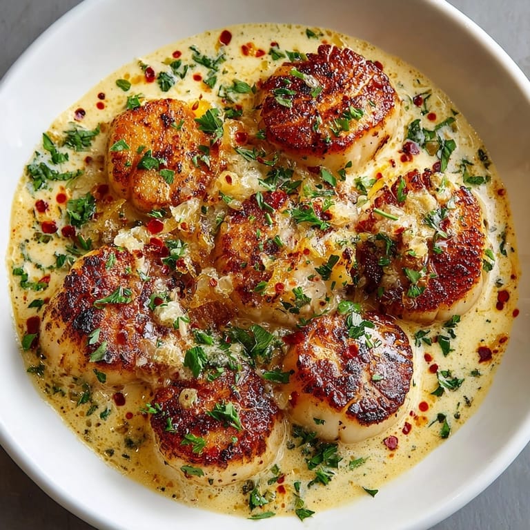 Seared scallops in a rich, smoky Cajun cream sauce, glistening with golden edges and fresh herbs.
