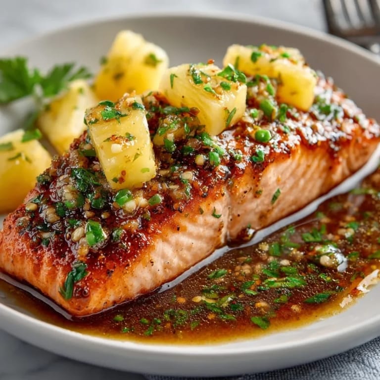 Baked Honey Pineapple Salmon served with steamed rice, glistening with sweet tangy glaze and herbs.