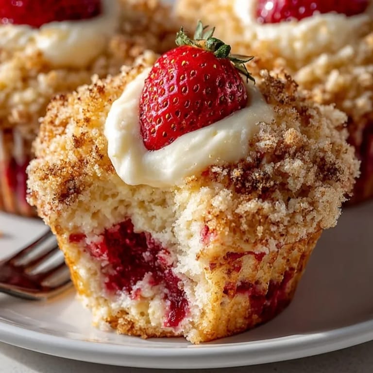 Close-up of moist Strawberry Cream Cheese Muffins revealing creamy cheesecake center and juicy strawberry pieces.