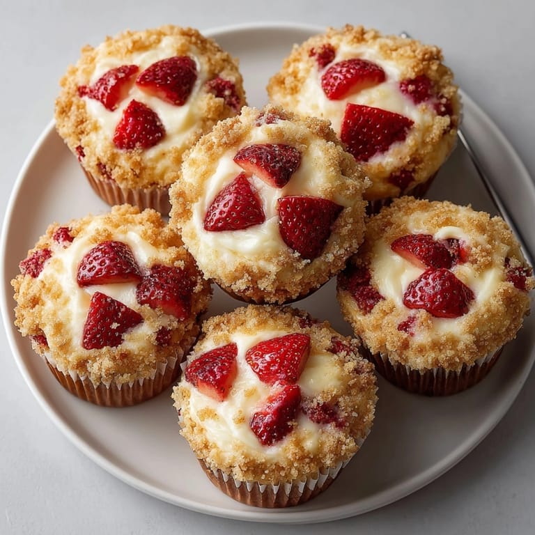 Plated Strawberry Cream Cheese Muffins served for brunch, topped with buttery crumbs and fresh berries.