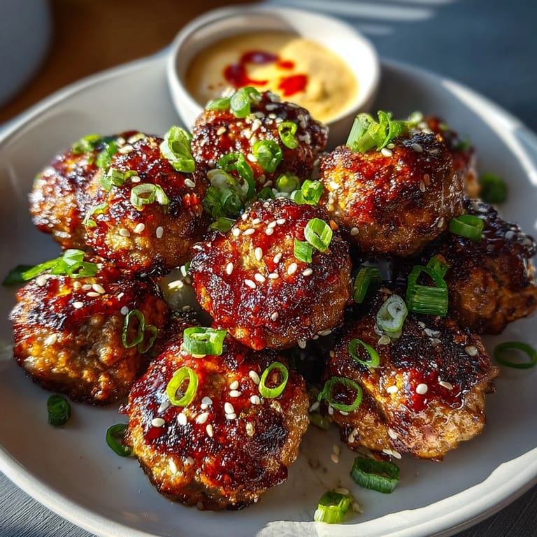 Juicy Korean BBQ Meatballs paired with creamy spicy mayo dip, garnished with sesame seeds for party appetizers.