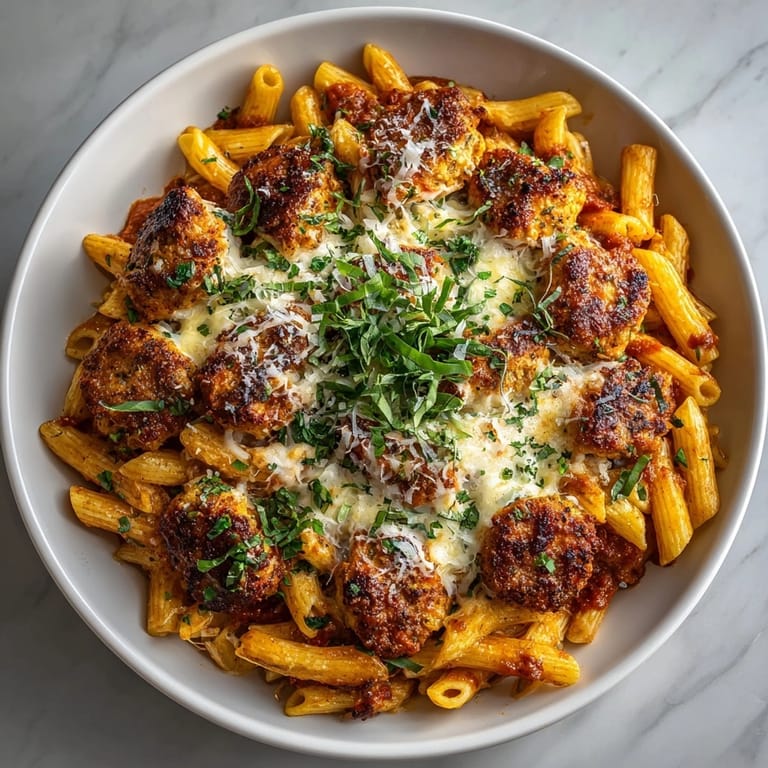 A family-style Cheesy Chicken Parmesan Pasta Skillet, garnished with fresh basil and grated Parmesan cheese.