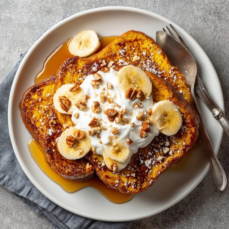 Serving suggestion: Stacked slices of warm Protein Pumpkin French Toast topped with pecans and berries.
