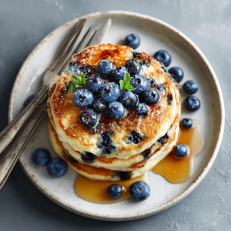 Creamy Ricotta Blueberry Pancakes, a fork pierces through a fluffy stack ready to eat.