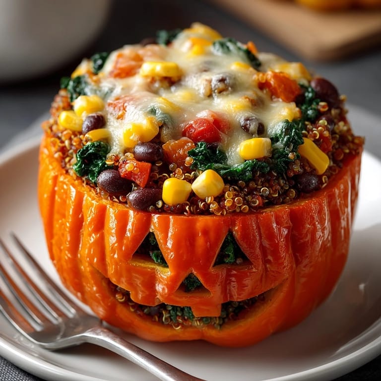 Orange bell peppers carved into faces, stuffed, ready for a spooky Vegan Jack-o'-Lantern dinner.