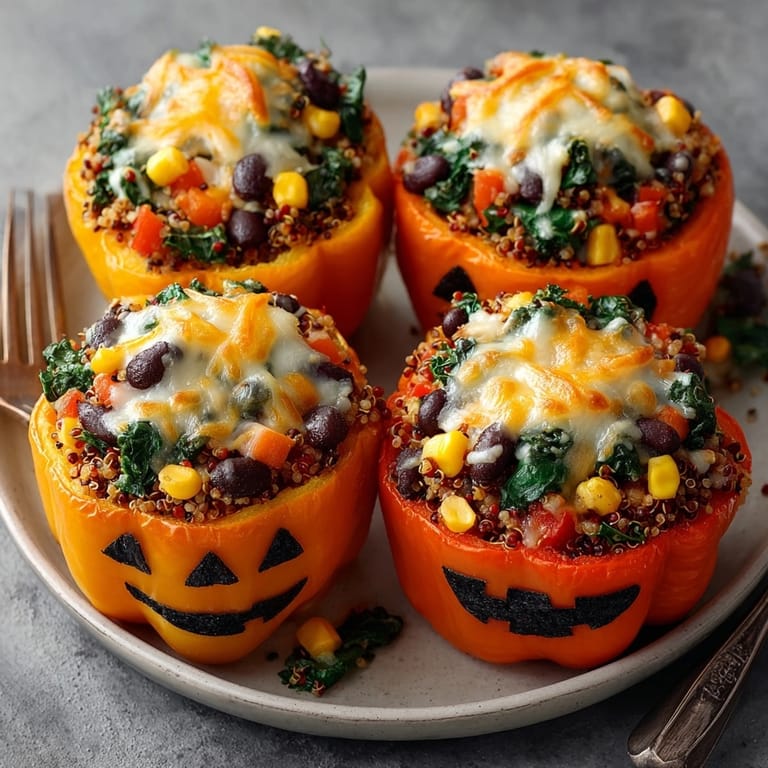 Warm, aromatic Vegan Jack-o'-Lantern Stuffed Peppers served with a side salad, festive & delicious.