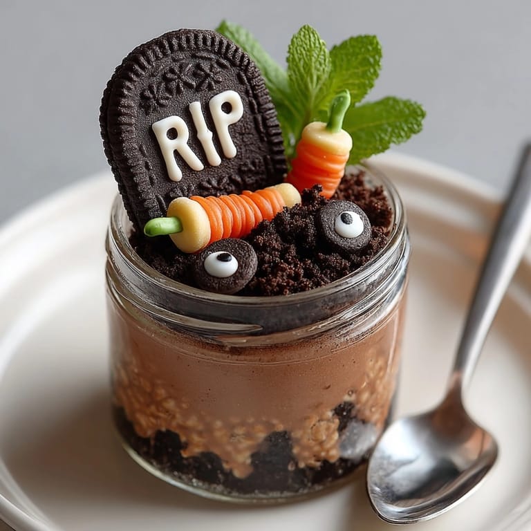 Imagine creamy Overnight Oats &quot;Graveyard&quot;: chocolatey layers under cookie tombstones topped with crumbs.
