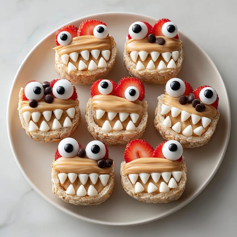 Kid friendly, nutty Monster Apple Peanut Butter Bites, perfect for a Halloween snack.