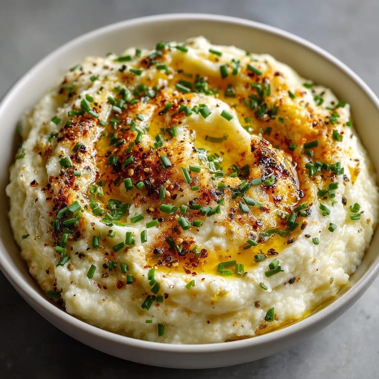 Silky smooth Cauliflower Mash with Garlic, steaming hot and ready for a delicious dinner.