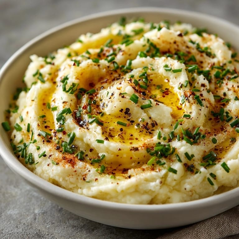 Close-up of tasty Cauliflower Mash with Garlic side dish, promising a flavorful bite.