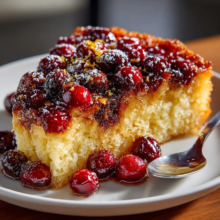 Homemade Cranberry Upside-Down Cake, served warm with vanilla ice cream&amp;mdash;tangy, comforting, and delicious.