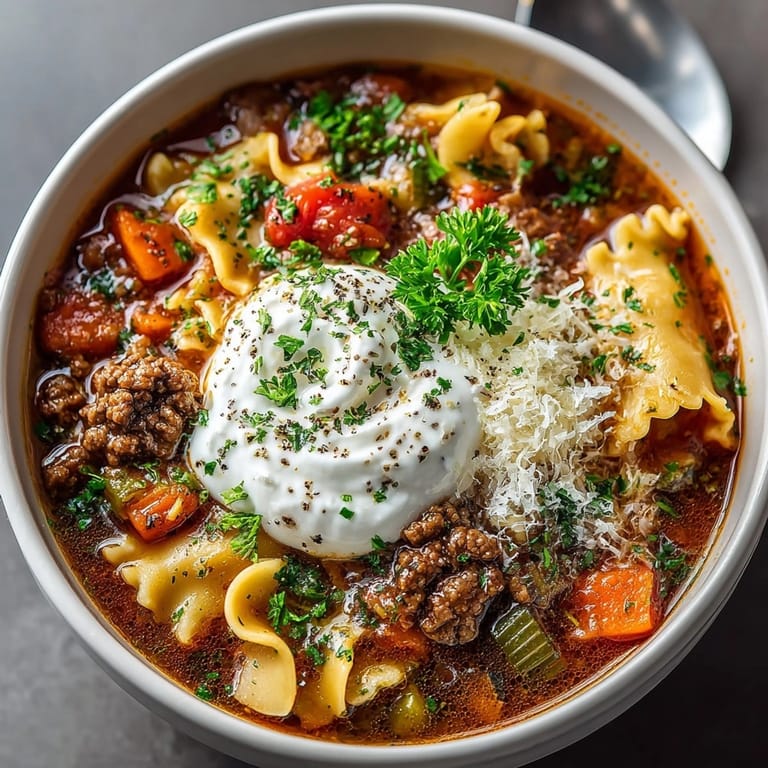 Golden, cheesy One-Pot Lasagna Soup served hot, ready for a cozy dinner.