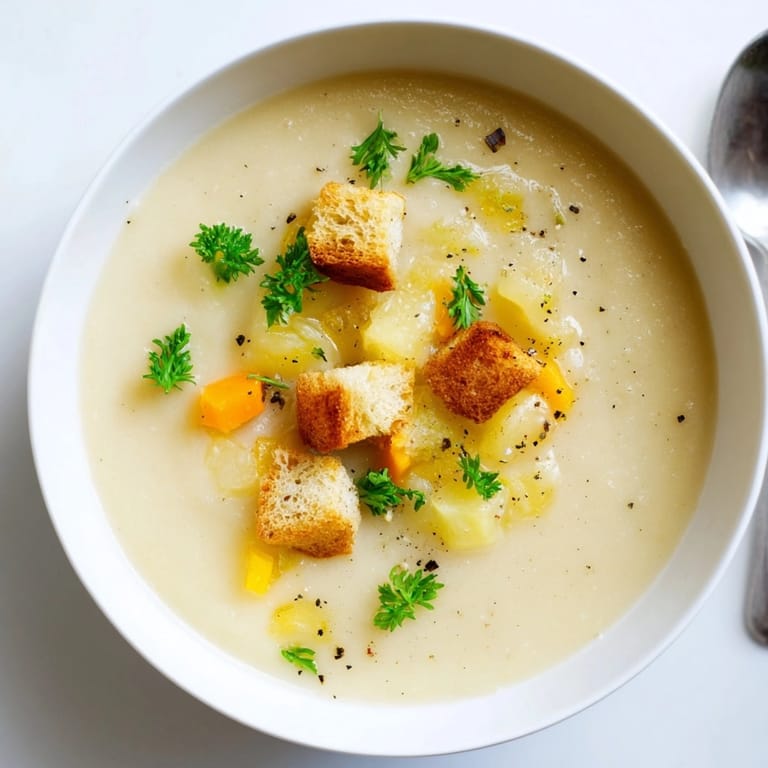 A bowl of soothing Garlic Soup, garnished with parsley and served with crusty bread.