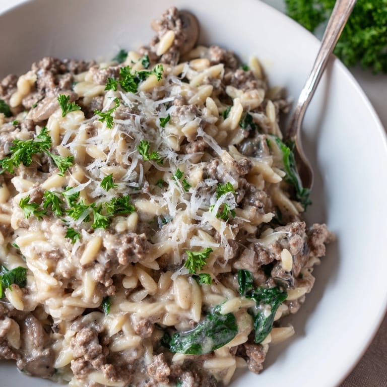 Spoonful of creamy beef orzo, glistening with cheese, a delightful and easy weeknight dinner.