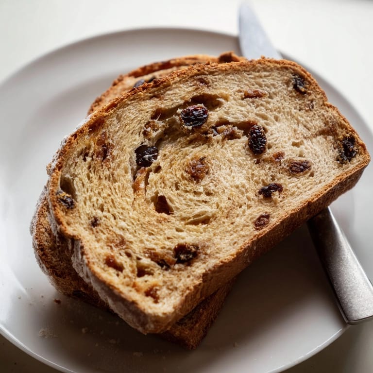 Warm, homemade Protein Cinnamon Raisin Bread, fresh-baked and speckled with juicy raisins.